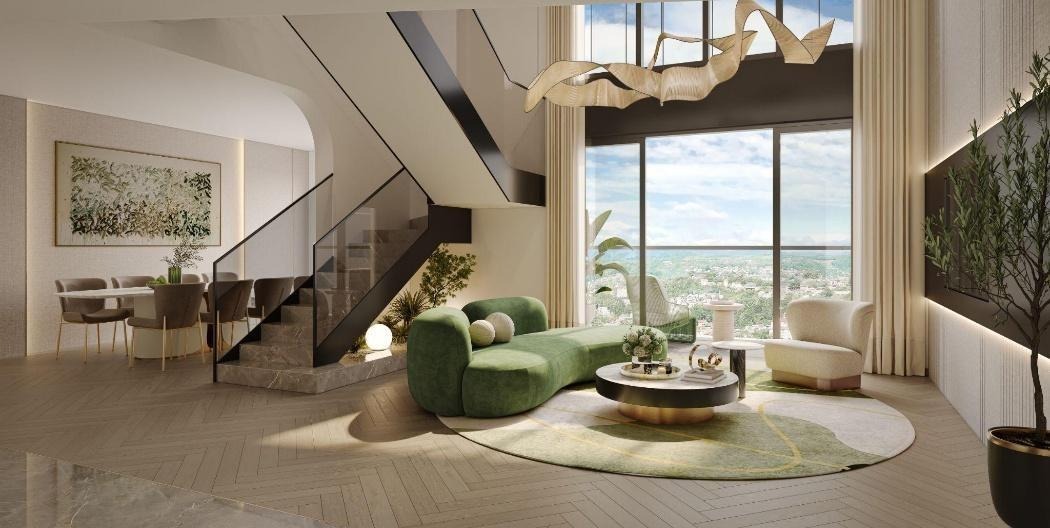 A living room with a green couch and a coffee tableAI-generated content may be incorrect.