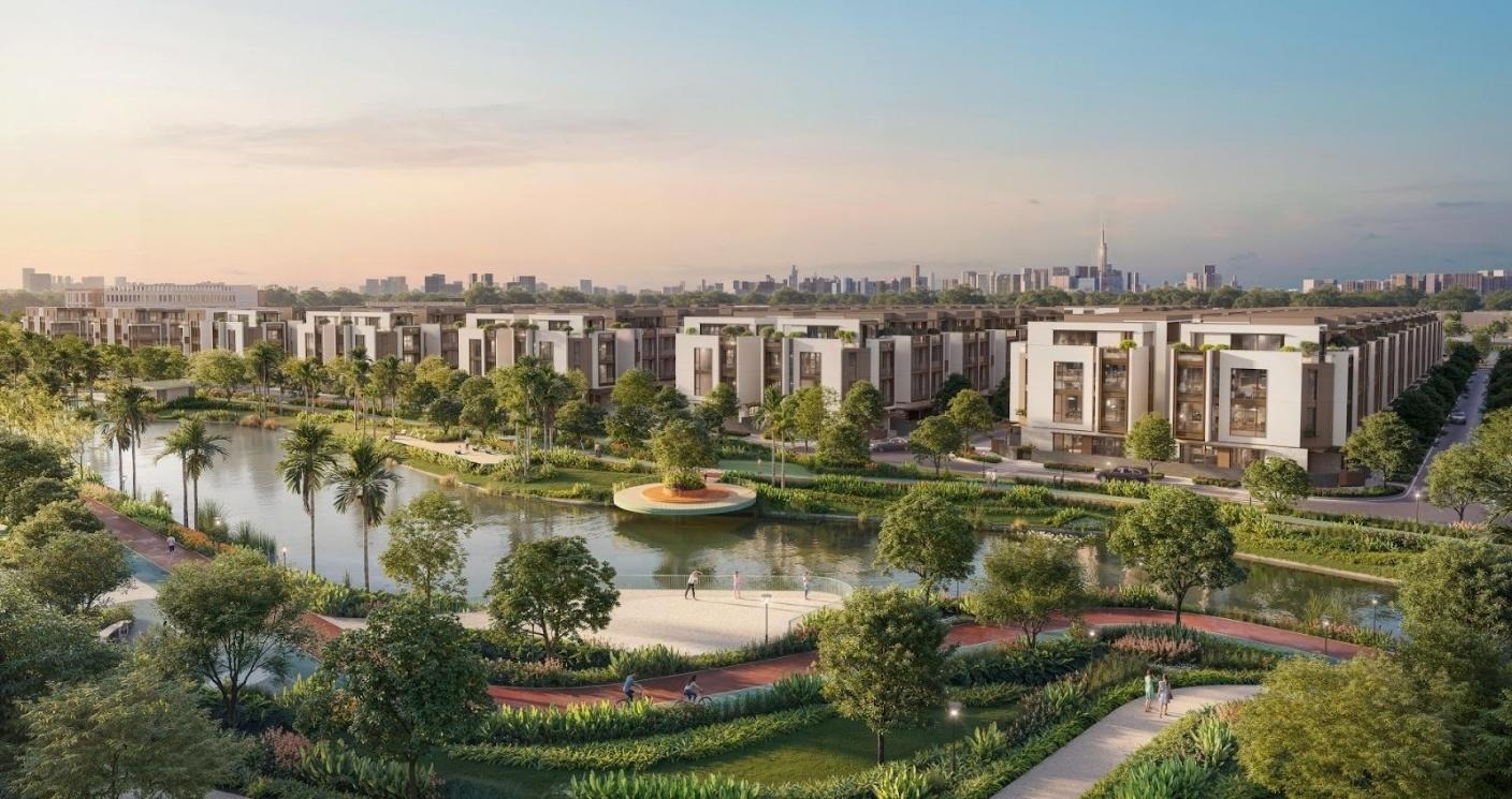 A landscape of a city with a pond and buildingsAI-generated content may be incorrect.