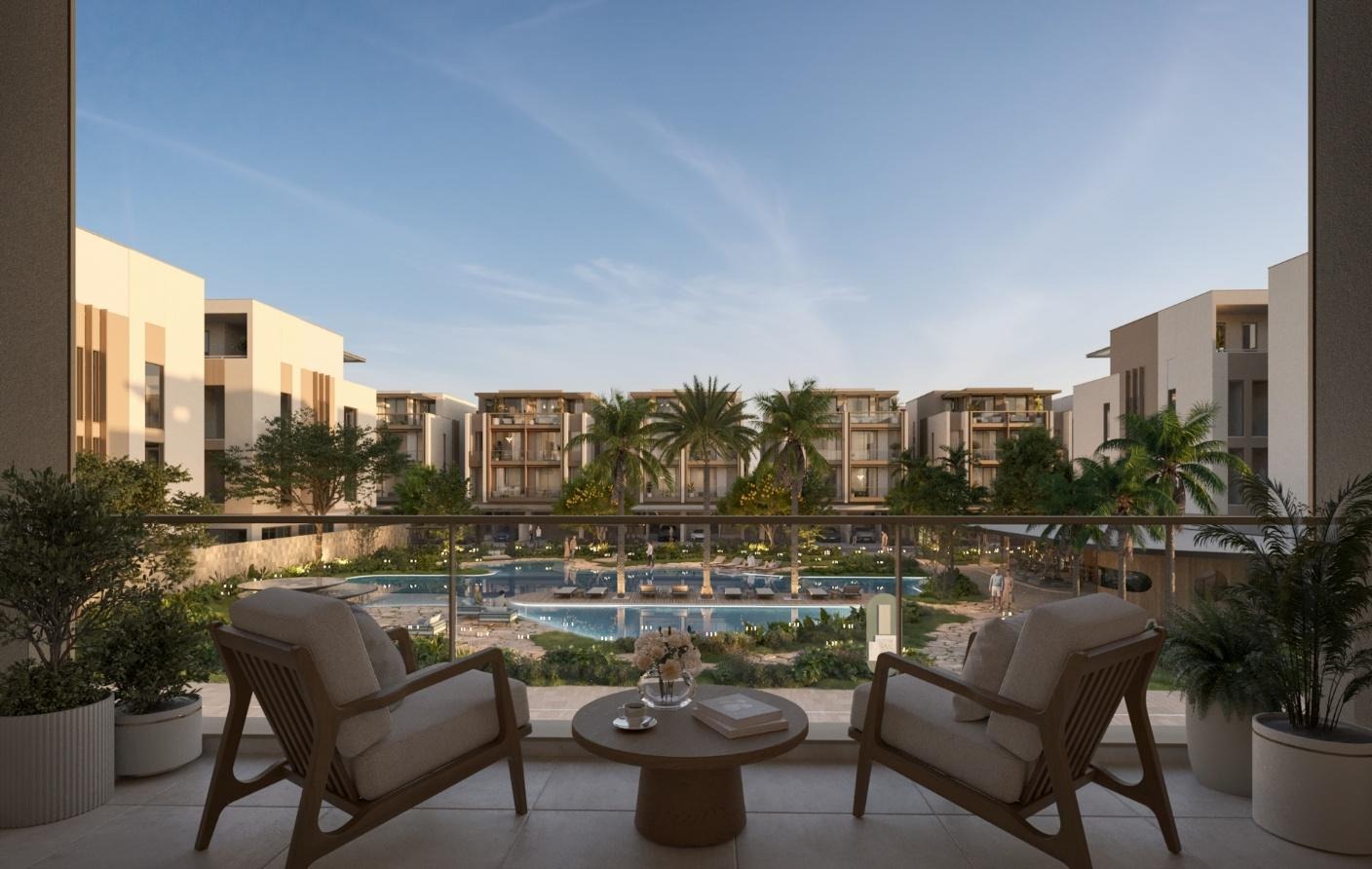 A patio with chairs and a pool in the backgroundAI-generated content may be incorrect.