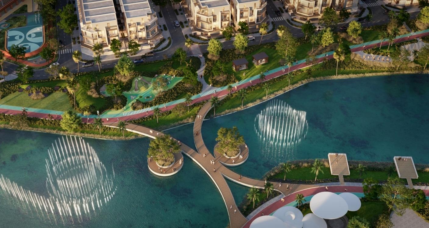 A aerial view of a park with water and treesAI-generated content may be incorrect.