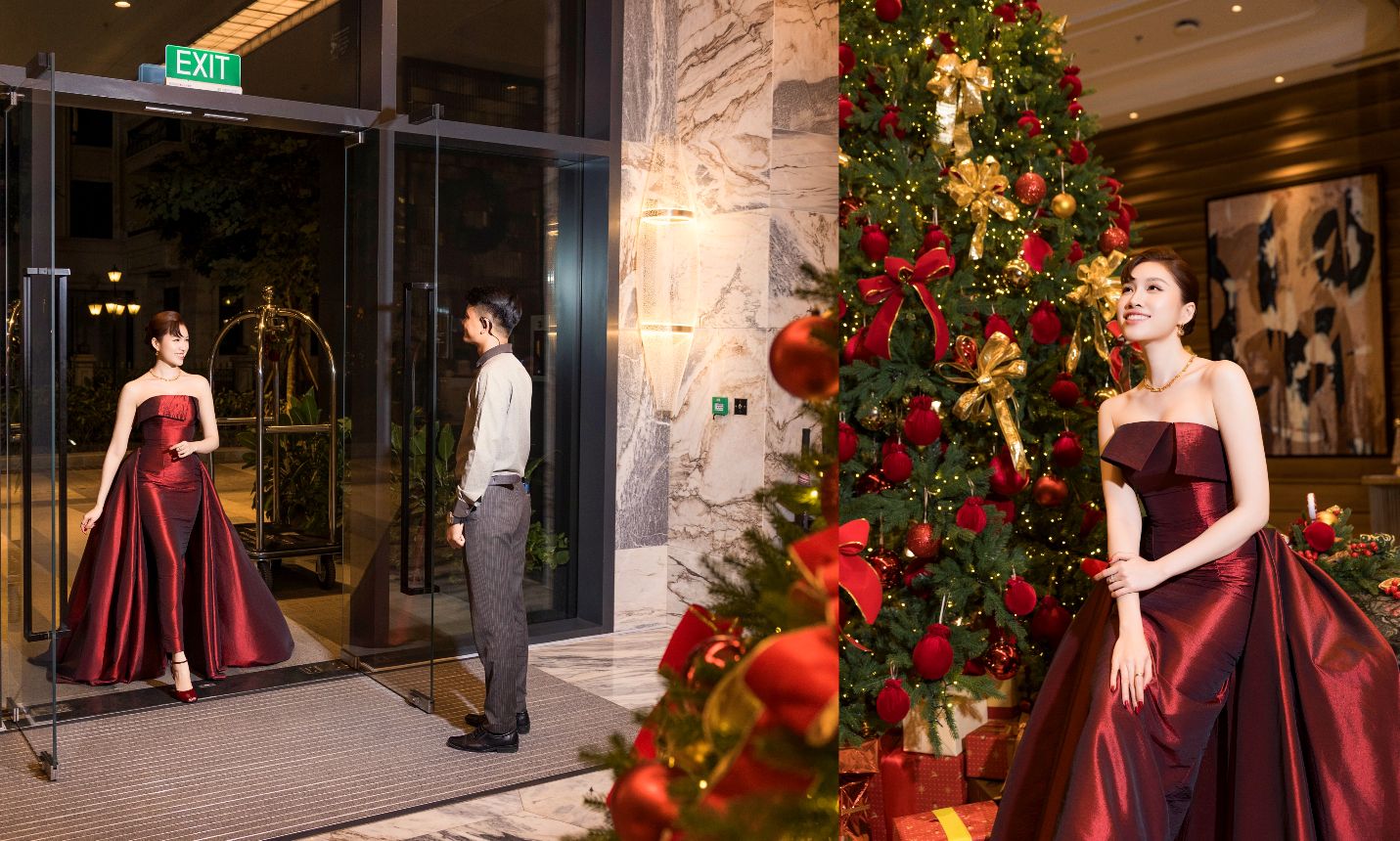 A person and person standing in front of a christmas treeAI-generated content may be incorrect.