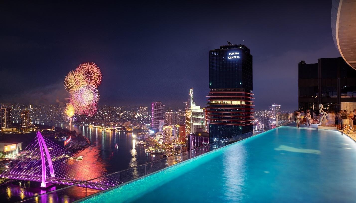 A pool with a city skyline and fireworksAI-generated content may be incorrect.