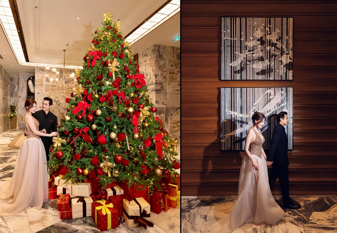 A collage of a christmas tree and a couple of peopleAI-generated content may be incorrect.