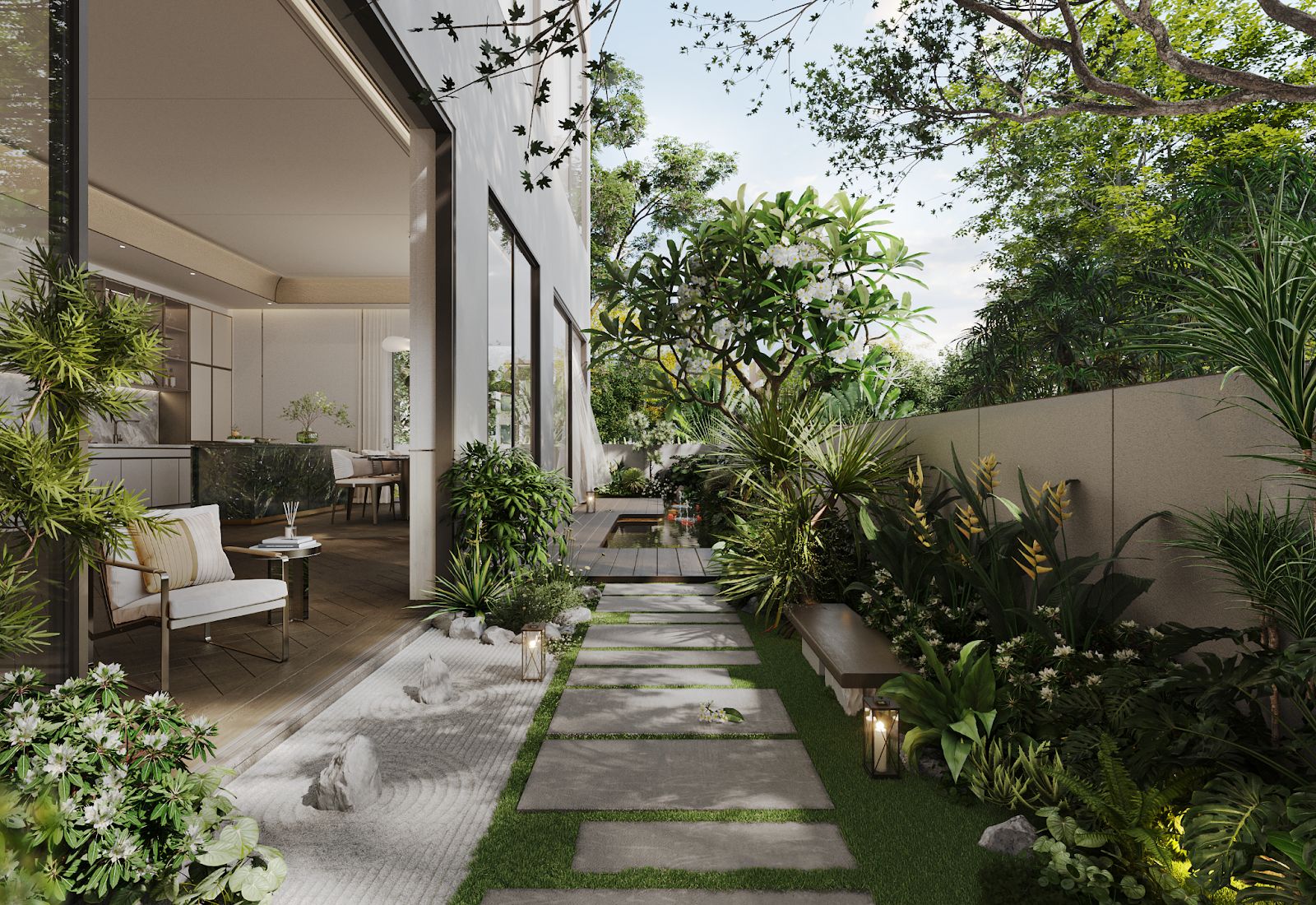 A patio with plants and a stone walkwayAI-generated content may be incorrect.