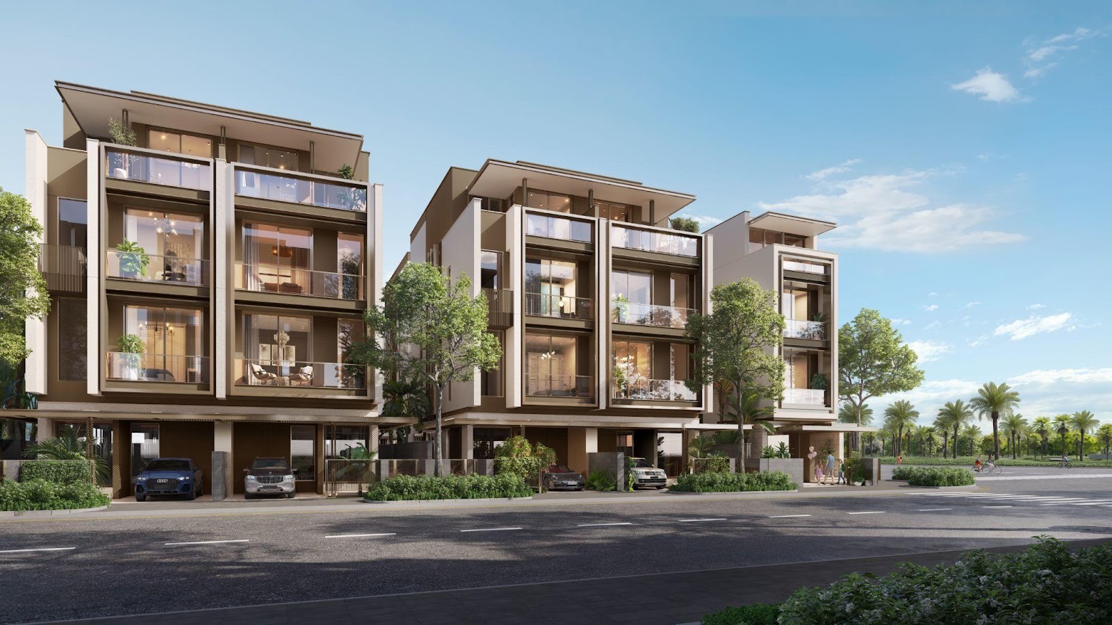 A row of buildings with trees and a streetAI-generated content may be incorrect.