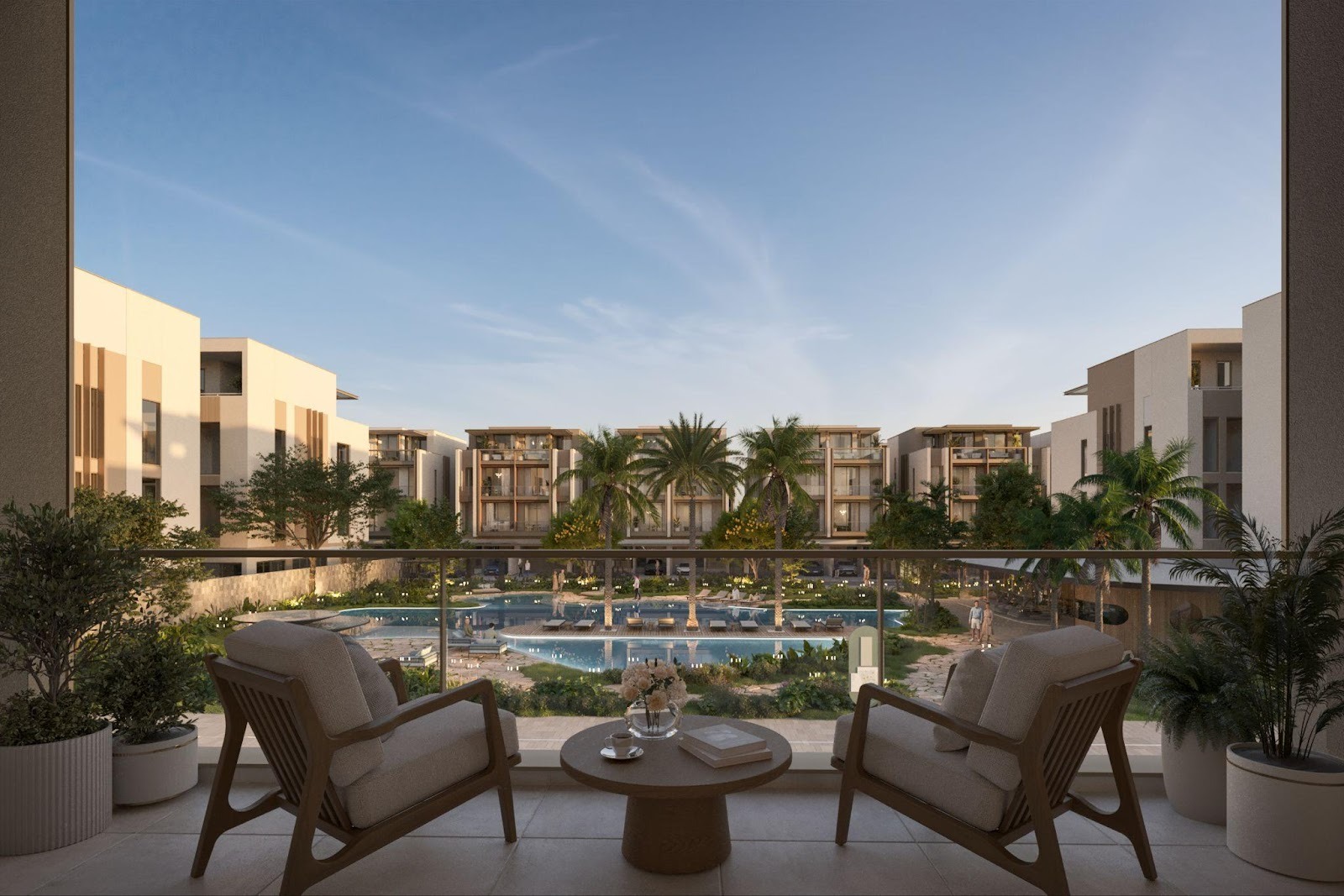 A patio with chairs and a pool in the backgroundAI-generated content may be incorrect.